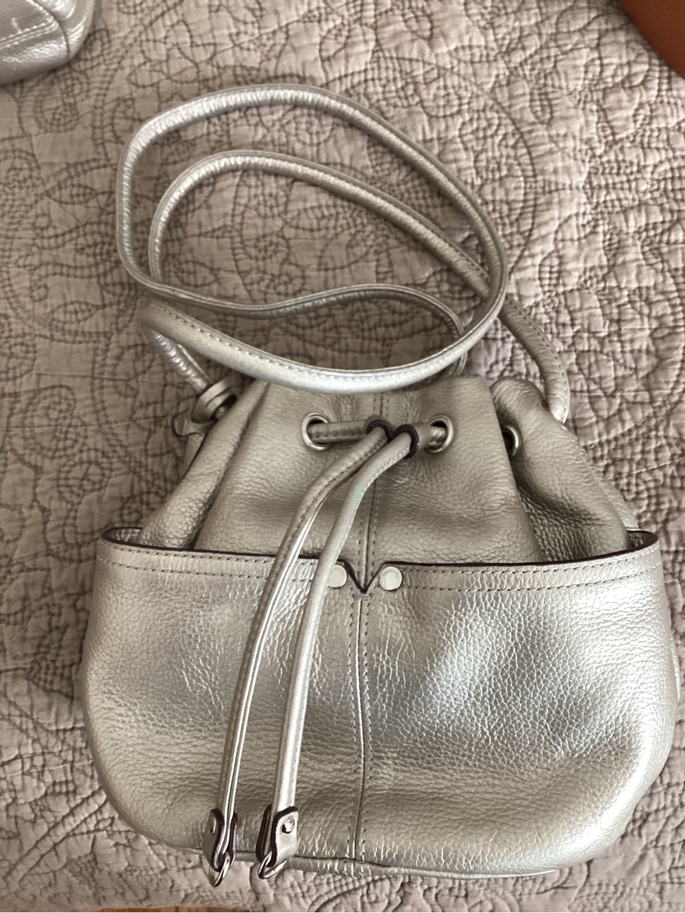 Tignanello Silver Drawstring Pebbled Leather Crossbody